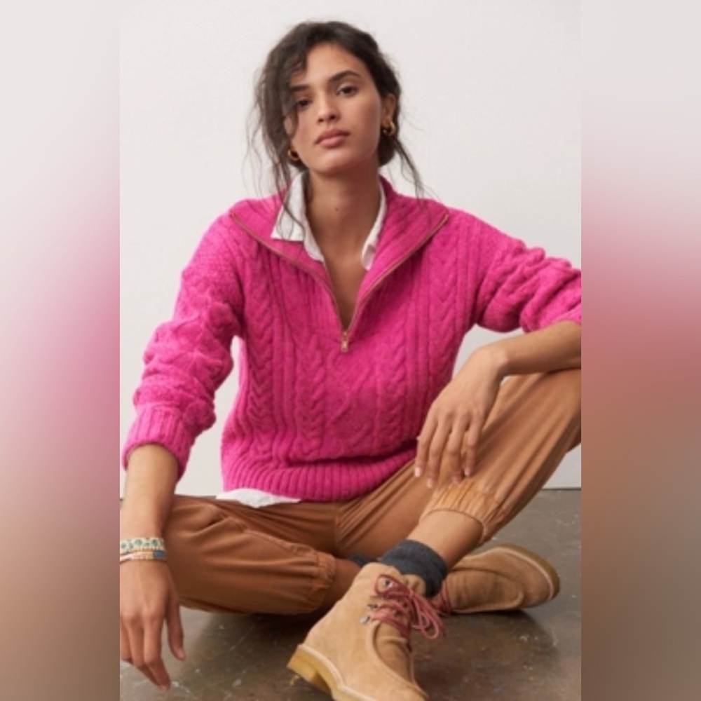 Anthropologie Hot Pink Cable-Knit Half-Zip Sweater